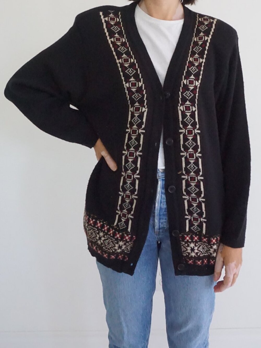 Vintage Norton McNaughton Black Nordic Geometric Button Knit Cardigan L